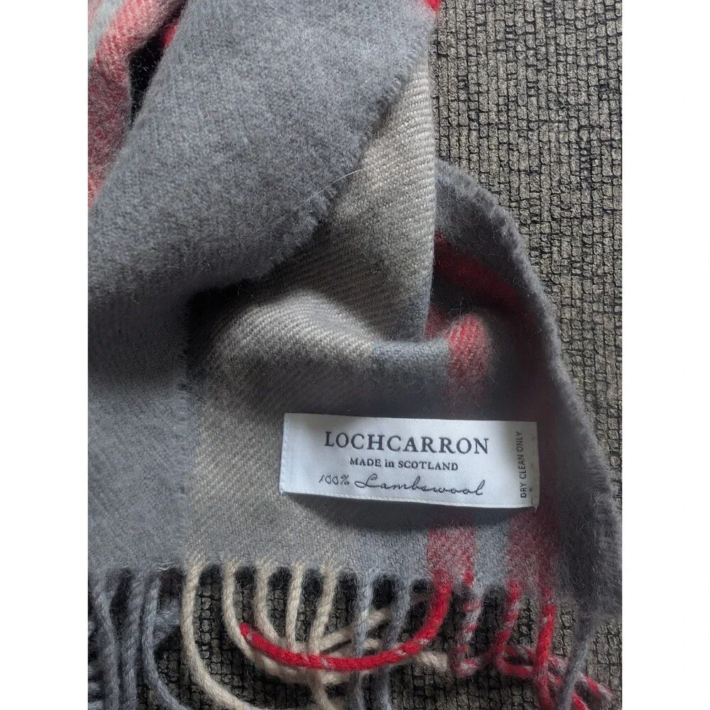 Lochcarron Of Scotland Fringed 100% Lambswool Tartan Plaid Scarf Grey Red